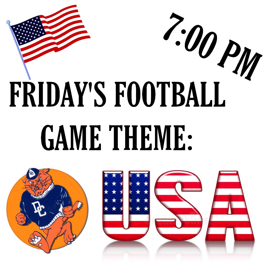 Theme for tomorrow’s game against Rossview is USA!! Game starts at 7. All tickets are sold online. No tickets will be sold at the gate. You can buy the link for $10 to watch the game online if you cannot be there!! Make sure you tune in!🧡💙 @DCfootballpride <a href="/DCcougarnation/">Dickson County High School</a>