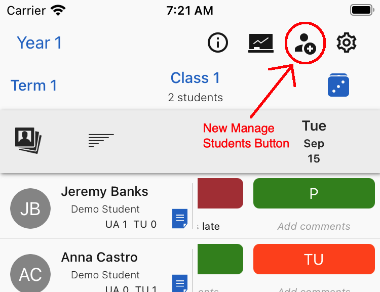 TeacherAidePro's tweet photo. The latest update adds a new 'Manage Students' button on the top row.  The Manage option in the lower + button will be removed in an upcoming update once a class has students added. https://t.co/GNfS9V8Hhb