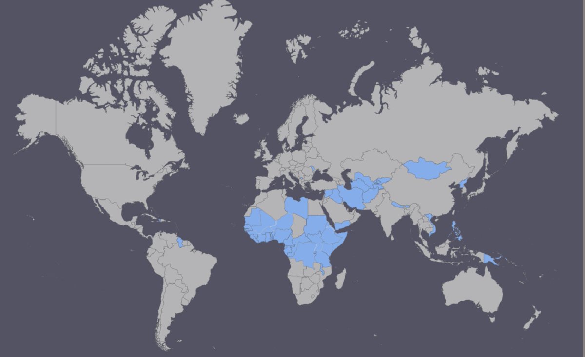 Under DHS's new proposed rule, if you were born in, or are a citizen of, one of the countries on this map, you would be banned from getting a four-year degree in the United States, with a student visa limited to two years maximum.The thread has all the countries.  https://twitter.com/ReichlinMelnick/status/1309141303826014209