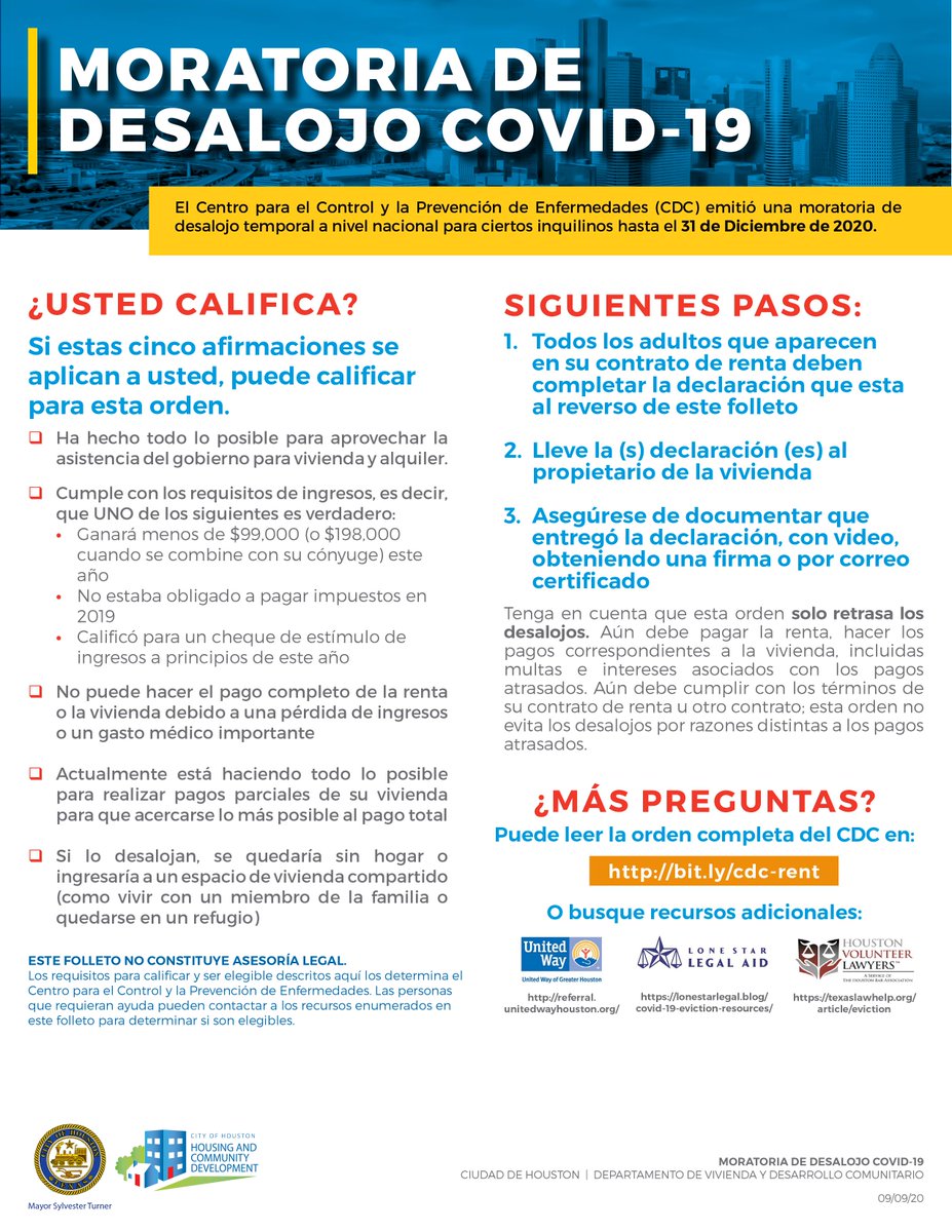 ¿Sabías que <a href="/HoustonTX/">City of Houston</a> tiene recursos y asistencia disponibles para familias que tienen dificultades para pagar el alquiler y de desalojo? Para más información o para ver si reúne los requisitos para recibir asistencia con el pago del alquiler, visite bit.ly/cdc-rent