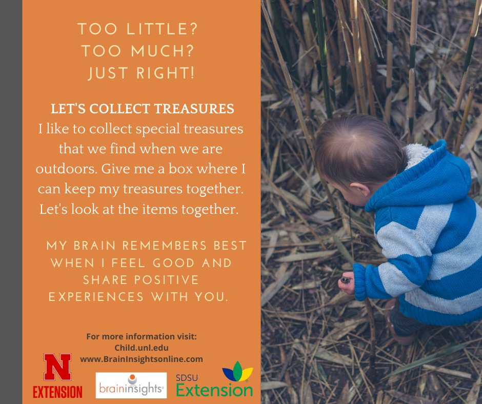 Talk with me about my treasures and reinforce my social and emotional skills. To discover more visit child.unl.edu
and BrainInsightsonline.com  
Watch our “A Beautiful Day Video” on Collecting Treasures mediahub.unl.edu/media/13645