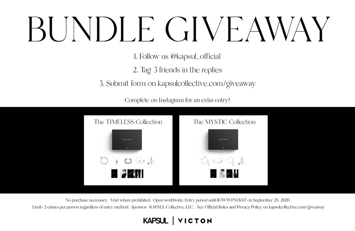 kapsul_official's tweet photo. BUNDLE GIVEAWAY | #KAPSULxVICTON 

1. Follow us @kapsul_official 
2. Tag 3 friends in the replies
3. Submit form on https://t.co/6XXAKdtSvP

*Complete on Instagram for an extra entry!

Open Worldwide. See Official Rules. Enter by Sep 28 at 11:59 PM KST for a chance to win. https://t.co/9Ire1BCRRw