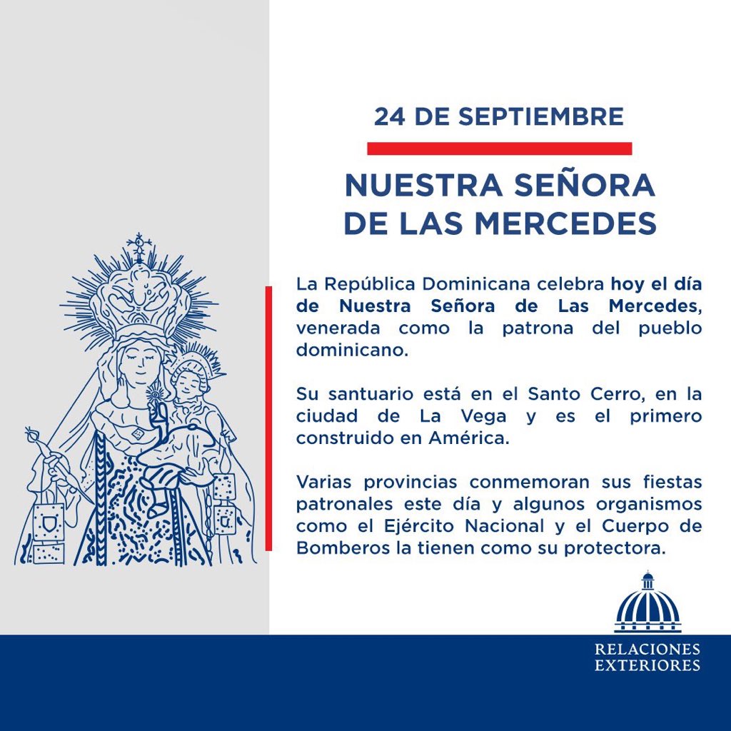RDenGuatemala's tweet photo. La República Dominicana🇩🇴 celebra el día de Nuestra Sra. de Las Mercedes, patrona de nuestro pueblo. @luisabinader @raquelpenavice @MIREXRD @RobalsdqAlvarez @JoseOLeger @josejuliogomezb @samadhifdez @rafaeljoaesp @Francisco01Va @vinas_eduardo @tcabralp @joabaez45 @Sankartejeda https://t.co/VajsCSpFF3