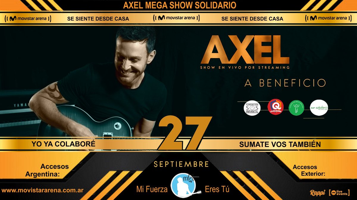 AxelFansMFET's tweet photo. 🇦🇷 De Argentina para el mundo @AxelOficial dará su primer show vía streaming!! Contará con contenido exclusivo nunca antes visto, como acceso al backstage y canciones inéditas entre otros.
🎫¡Accesos en venta!⤵️
Arg.: https://t.co/NvcvEBgpQy 
Exterior: App #Rappi [Live Events] https://t.co/ROmi1ZlwR6