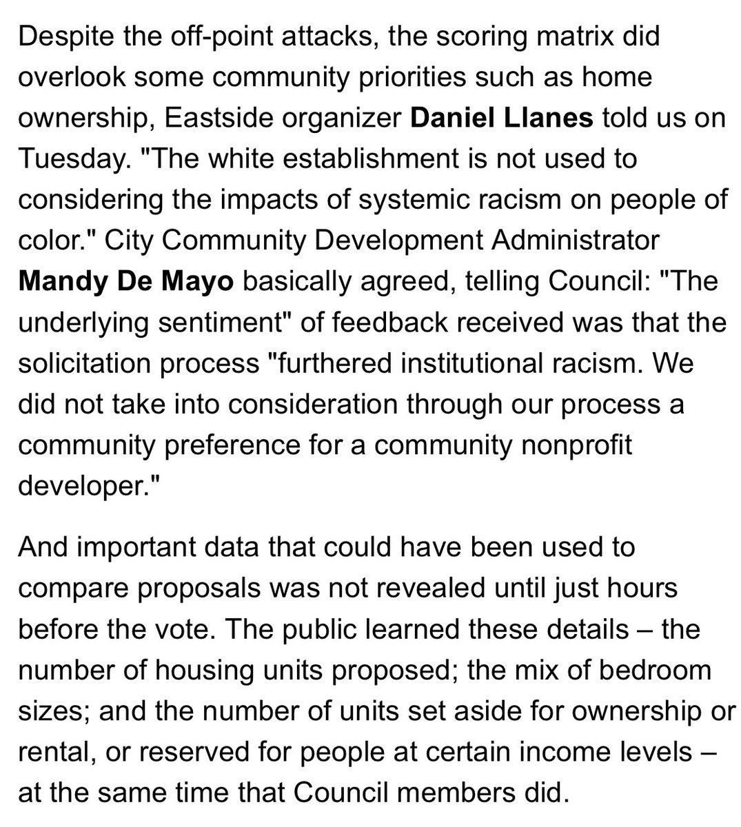 But staff admits to mishandling parts of the solicitation process — their first time for AHFC sites reserved for affordable housing. At one point, a housing dept staffer basically agreed with organizers that the process unintentionally contributed to systemic racism.