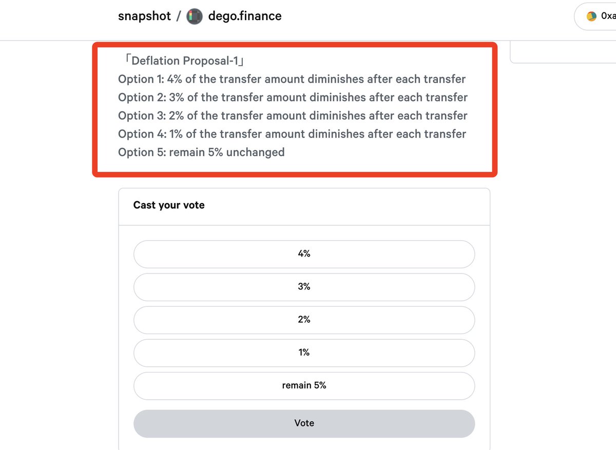 Community members have submitted Deflation Proposal: “We need proper deflation, 5% is too much for all of us. So, I launch a "deflation proposal 1" here with five choices and hope you can participate in voting. ”

snapshot.page/#/dego/proposa…