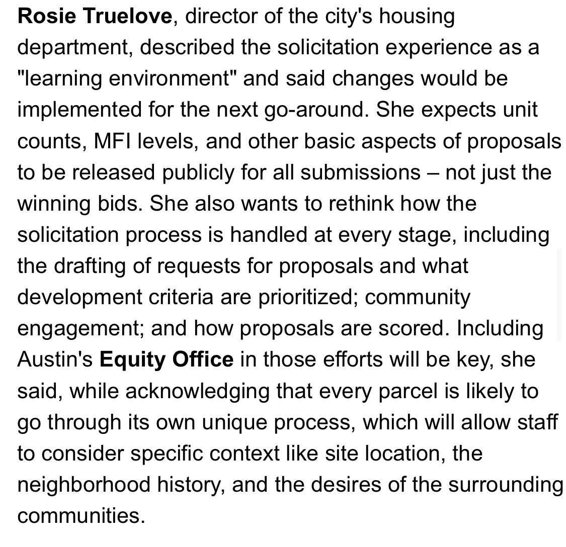 But NHCD (soon to be Housing and Planning) director Rosie Truelove told me things will change before the next solicitation, so there is likely to be less confusion and frustration among people wanting to build affordable housing and the people living in communities where it’ll go