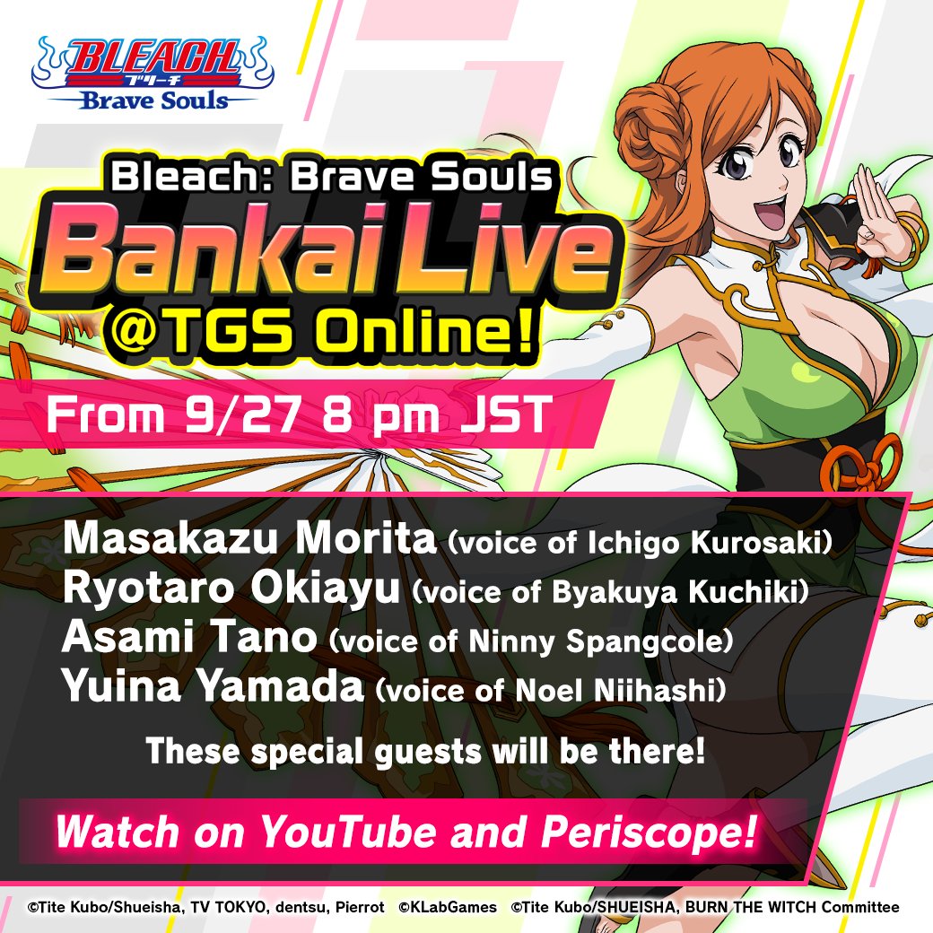 bleach_fan20's tweet image. Don&apos;t forget, Bleach brave souls will have a stage on september 27 from TGS 2020 and more news from Burn The Witch characters for this game🔥🔥🔥
@bleachbrs_en @Bleach_BS
@BTW_anime @BurnTheWitch_EN
#BLEACH #bbs5th #BraveSouls #BleachBraveSouls #Burn_The_Witch