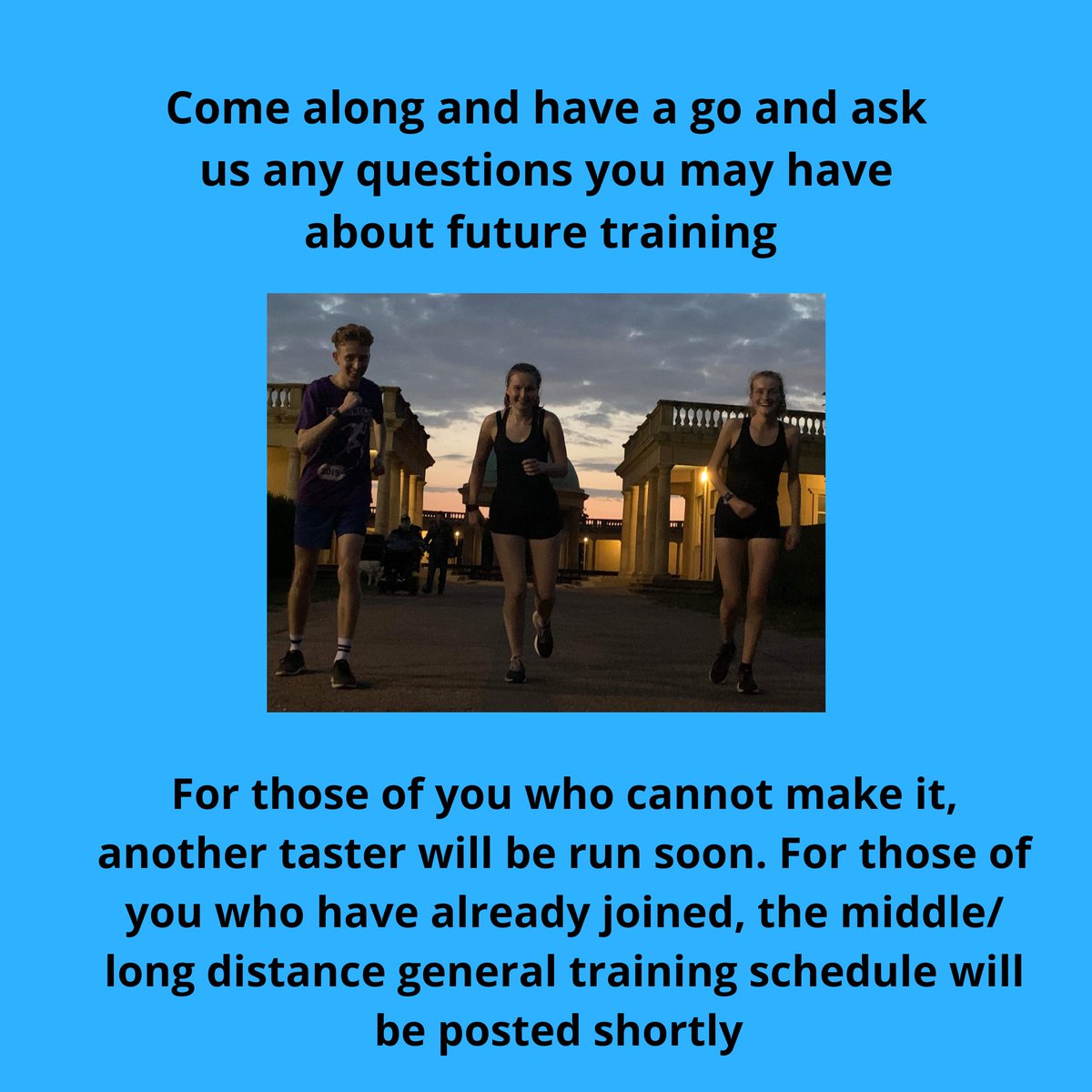 On Monday, our first taster session will be available to middle/long distance athletes.
We will meet at 5pm at the sportspark. 
There may be limited tickets available to follow Covid-19 restrictions. 
You can buy these on the su website 

See you soon!!! 🏃‍♂️💨🏃‍♀️💨