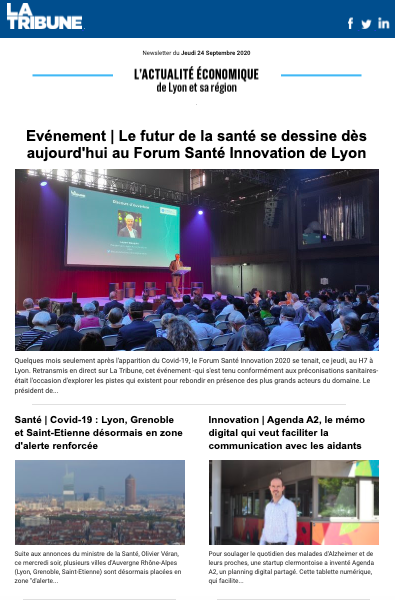 LaTribuneAURA's tweet photo. 📬 Au menu de la newsletter @LaTribuneAURA:
➡️ Le futur de la Santé au #FSI2020 #Lyon (@laurentwauquiez, @SanofiFR, @BoehringerFR, #Roche, @Lyonbiopole @biomerieux...)
➡️ @villedelyon @VilledeGrenoble @SteMetropole en zone d'alerte renforcée, la @foire_StEtienne annulée
➡️ &... https://t.co/3bhcbjJakU