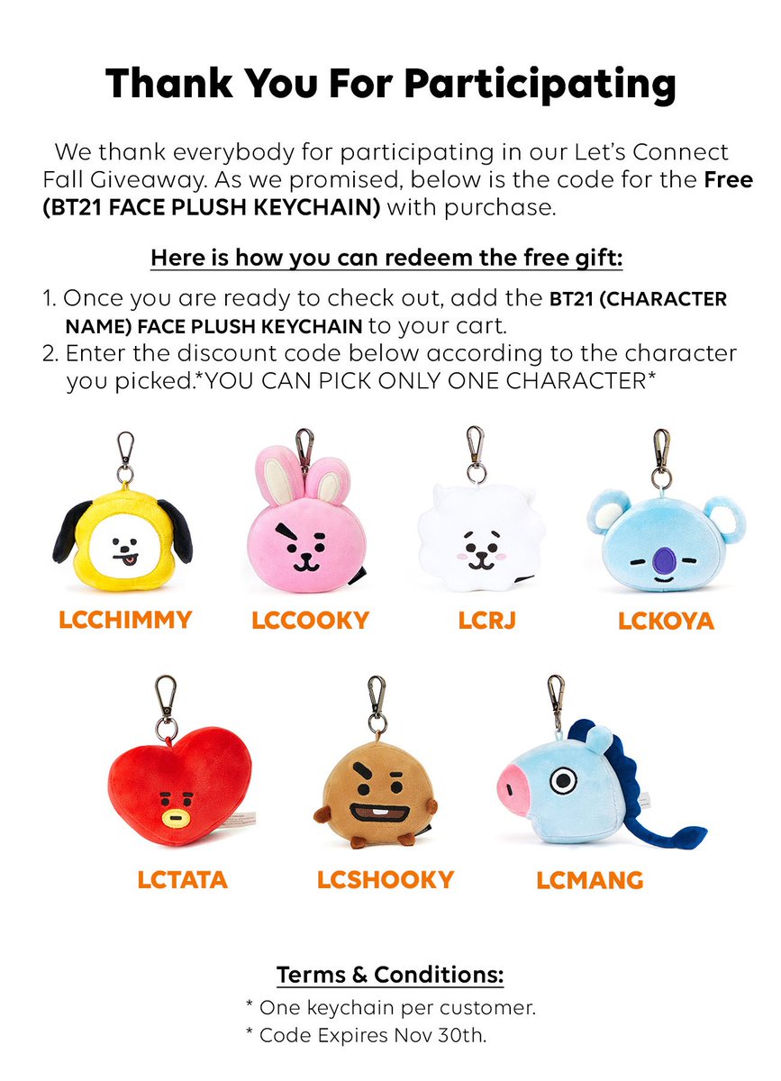 Bts Merch Restocks On Twitter Line Friends Let S Connect Giveaway Coupon For Free Face Plush Keychain Enter Between Sept 11 And 20 Link Https T Co Ccvns1qpck Bts Twt Https T Co 9qrovpi35k Twitter