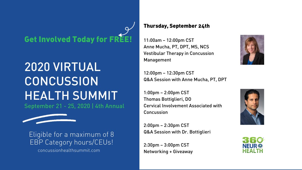 360NeuroHealth's tweet photo. 2020 Virtual #Concussion Health Summit Day 4
🌀Vestibular Therapy in Concussion Management
🔅Cervical Involvement Associated with Concussion
Speakers
🎙️Anne Mucha, PT, DPT, MS, NCS
🎙️Thomas Bottiglieri, DO
➕Live Q&A
#ConcussionHealthSummit #cervical #vestibular https://t.co/XdtoLGBsPl