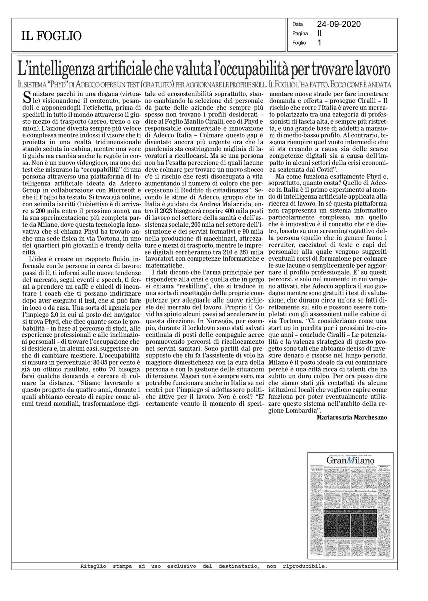 aamalacrida's tweet image. L’articolo de @ilfoglio_it rappresenta l’essenza di #Phyd, che si evince solo provando tutte le potenzialità della platform e dell’Hub. Nel racconto si capisce come i cambiamenti del mondo del #lavoro possano essere affrontati investendo su #conoscenza e #competenze delle persone