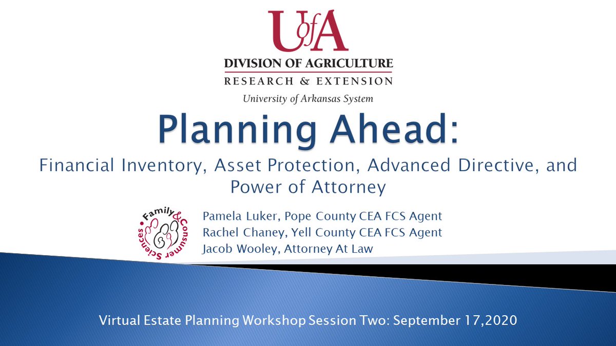 UAEXRLChaney's tweet photo. Session two of the virtual #EstatePlanning workshop recording is now available! @popecountyfcs, @UAEXRLChaney, &amp; Jacob Wooley, Attorney at Law, talk about "Planning Ahead: Financial Inventory, Asset Protection, Advanced Directives, &amp; Power of Attorney." https://t.co/7sIcdKYAzq... https://t.co/lwQbUFf3cY