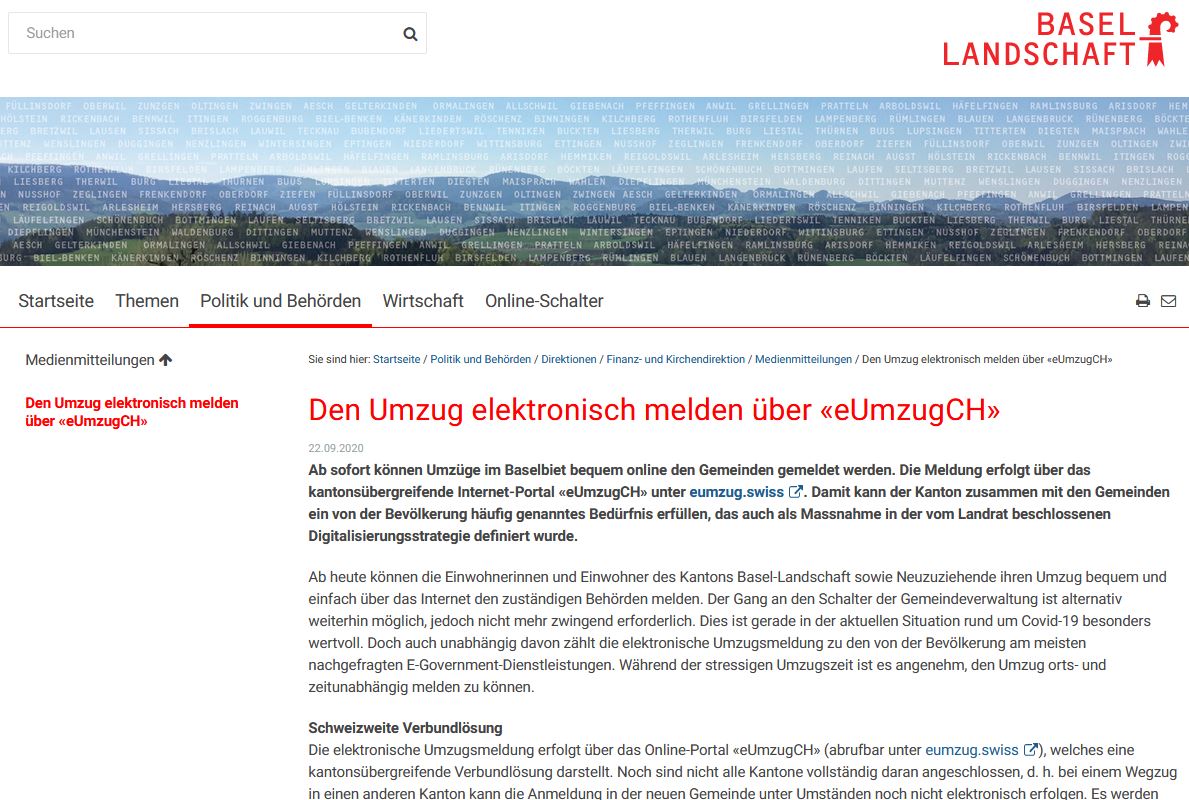 Der Kanton Basel-Landschaft hat am 22. September 2020 die Online-Umzugsmeldung #eUmzugCH für alle Gemeinden des Kantons eingeführt. eUmzugCH steht in 16 Kantonen ganz oder teilweise zur Verfügung und ist für gut 50% Schweizer Bevölkerung nutzbar baselland.ch/politik-und-be…
