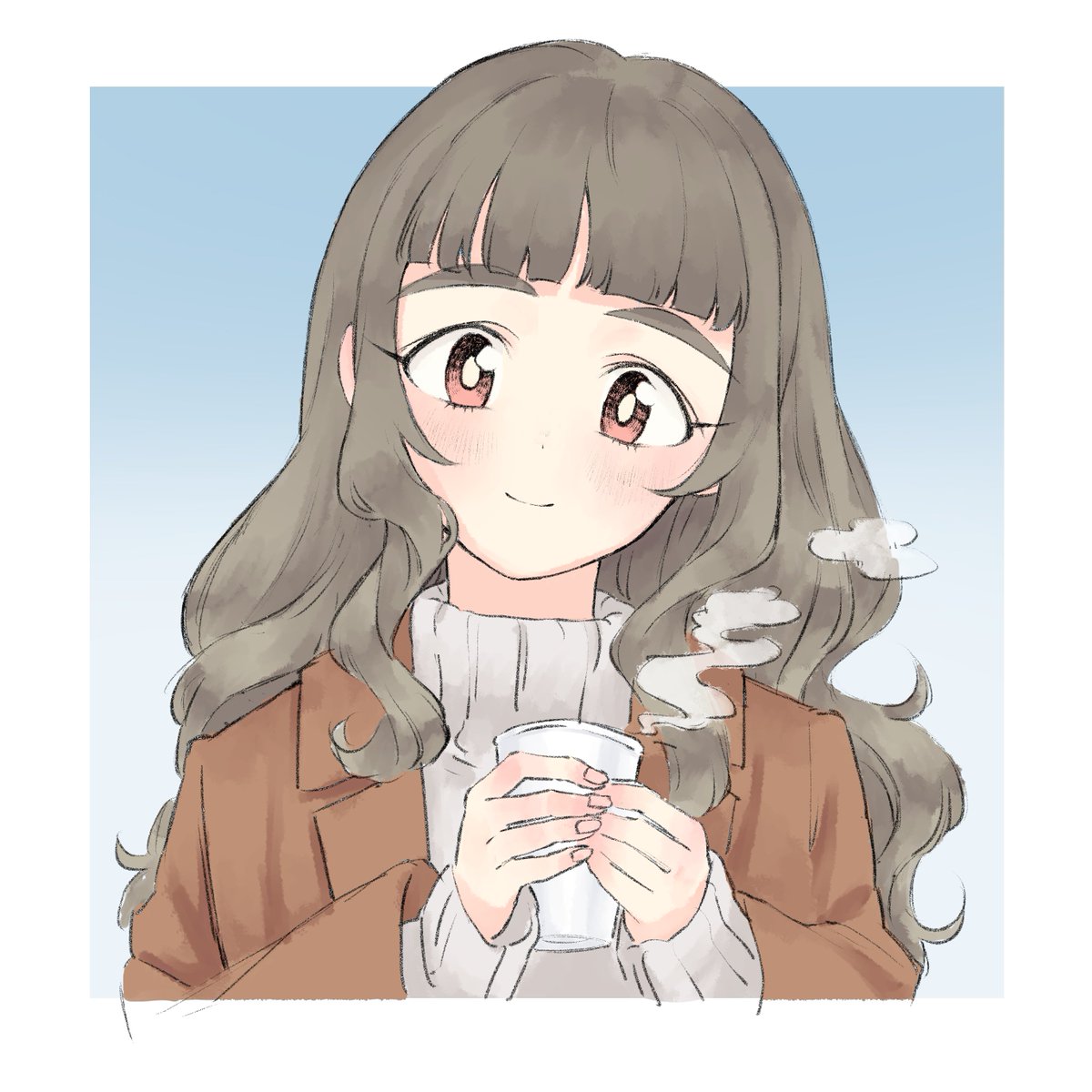 kamiya nao 1girl cup solo sweater thick eyebrows holding cup long hair  illustration images