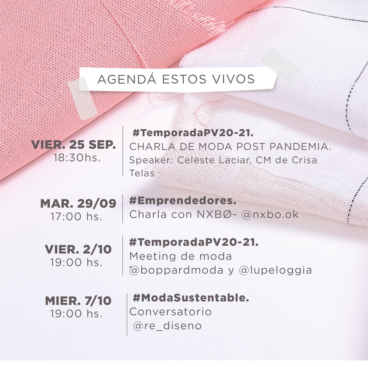 ModaCRISA's tweet image. Estamos de lanzamiento de #campaña #PV20-21
.
¡Agendate estos #vivos! #ModaAMedida #TelasDivinas #Temporada2020