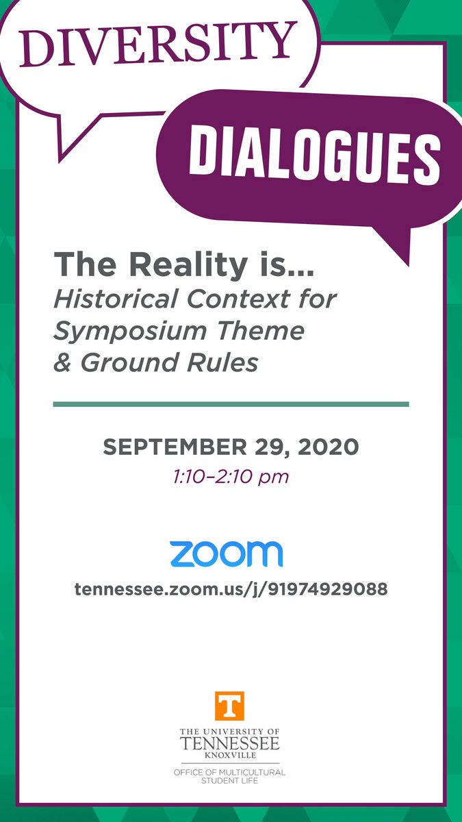 UtkDe's tweet photo. Join us next Tuesday, Sept. 29 to kickoff our annual Diversity Dialogue Symposium &amp; Wednesday, Sept. 30 for our first day of sessions: “The Reality Is...Racism is Ingrained in the History of the United States”! https://t.co/o2jQJjRjrV
