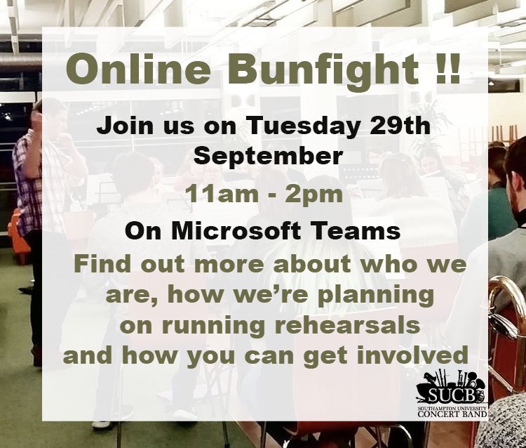 Interested in joining Concert Band? Come along to our online bunfight on Tuesday 29th September to meet some of our committee and find out more!! 🎵🎼
You can find the link to the event here:
teams.microsoft.com/l/meetup-join/…