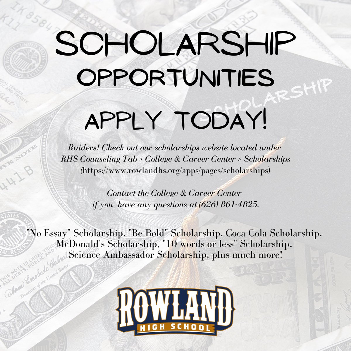 counselorsofrhs's tweet photo. Hey Class of 2021 seniors!! Don’t forget to check out our scholarships page on the RHS counseling website. Don’t miss out on these amazing opportunity and apply today! #freemoney #scholarships @RowlandSchools @rowlandhs https://t.co/3cGZ6X2Q34 https://t.co/PQnS4edCo4
