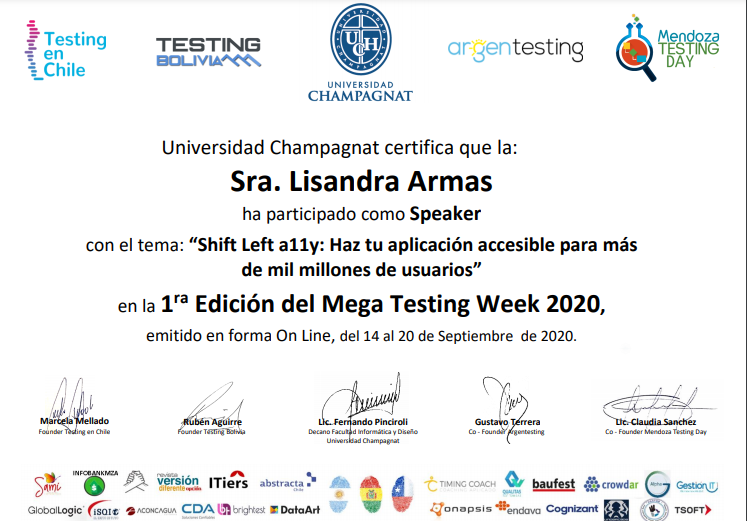 lisyarmas's tweet photo. Feliz de haber dejado mi huella conversando sobre #shiftlefta11y en el evento #MegaTestingWeek 

Mega Kudos👏 a tod@s l@s que hicieron que fuese posible contar con un evento con más de 50 charlas sobre #testing 🎉 Felicitaciones!! 😍 https://t.co/5aEQyrp7Lg