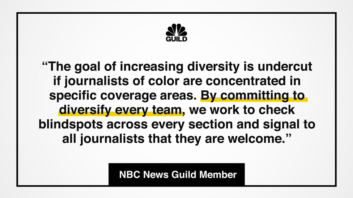 5: Increase diversity on every team. A goal of 50% women and people of color does not fundamentally change the roadblocks to equity and inclusive reporting. Ensure that each team is not dominated by one race. The next hire for each team must be a person of color.