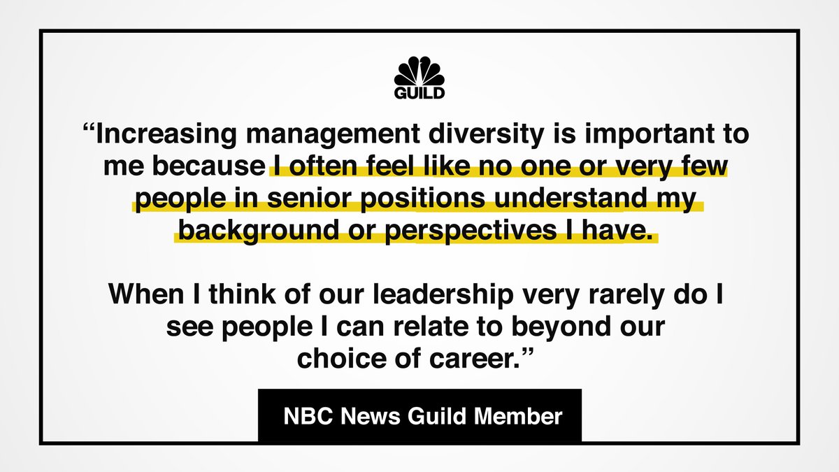6: Increase management diversity. Management at NBC News Digital is mostly white. Ensure at least 50% of applicants for management roles who make it to the interview process are from traditionally underrepresented backgrounds.