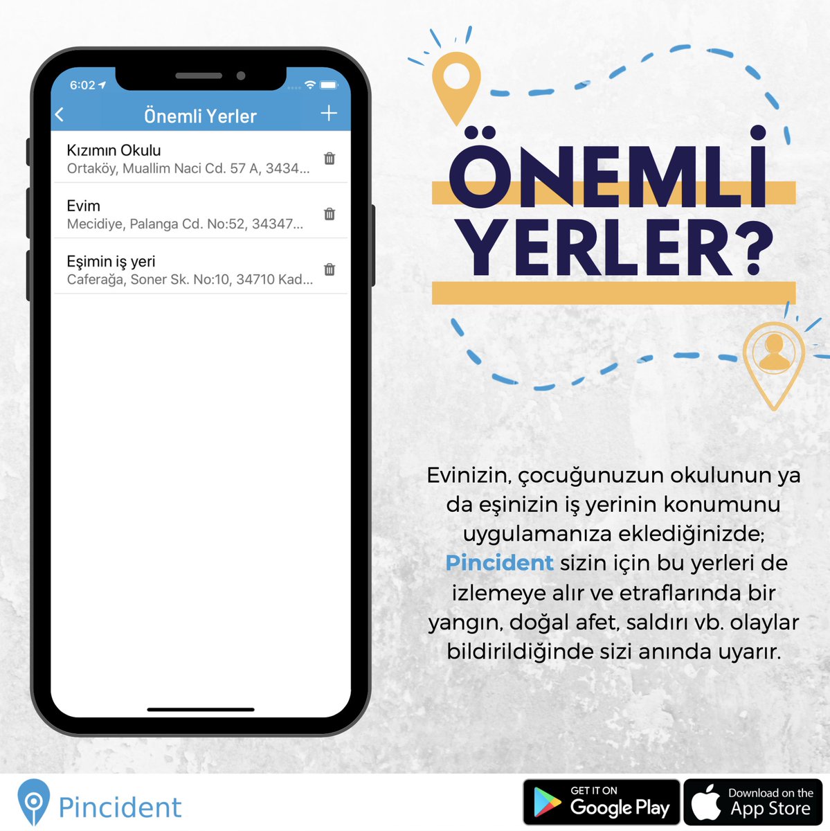🤳🏻  Pincident kullanan yakınlarınızı uygulamaya tanıttığınızda yakınlarınız hareket halindeyken dahi etraflarında bir olay bildirildiğinde Pincident sizi bilgilendirir. 

🔗 Pincident tamamen ücretsiz!

AppStore: apple.co/31JEDdk
Google Play: bit.ly/3bhi7vO