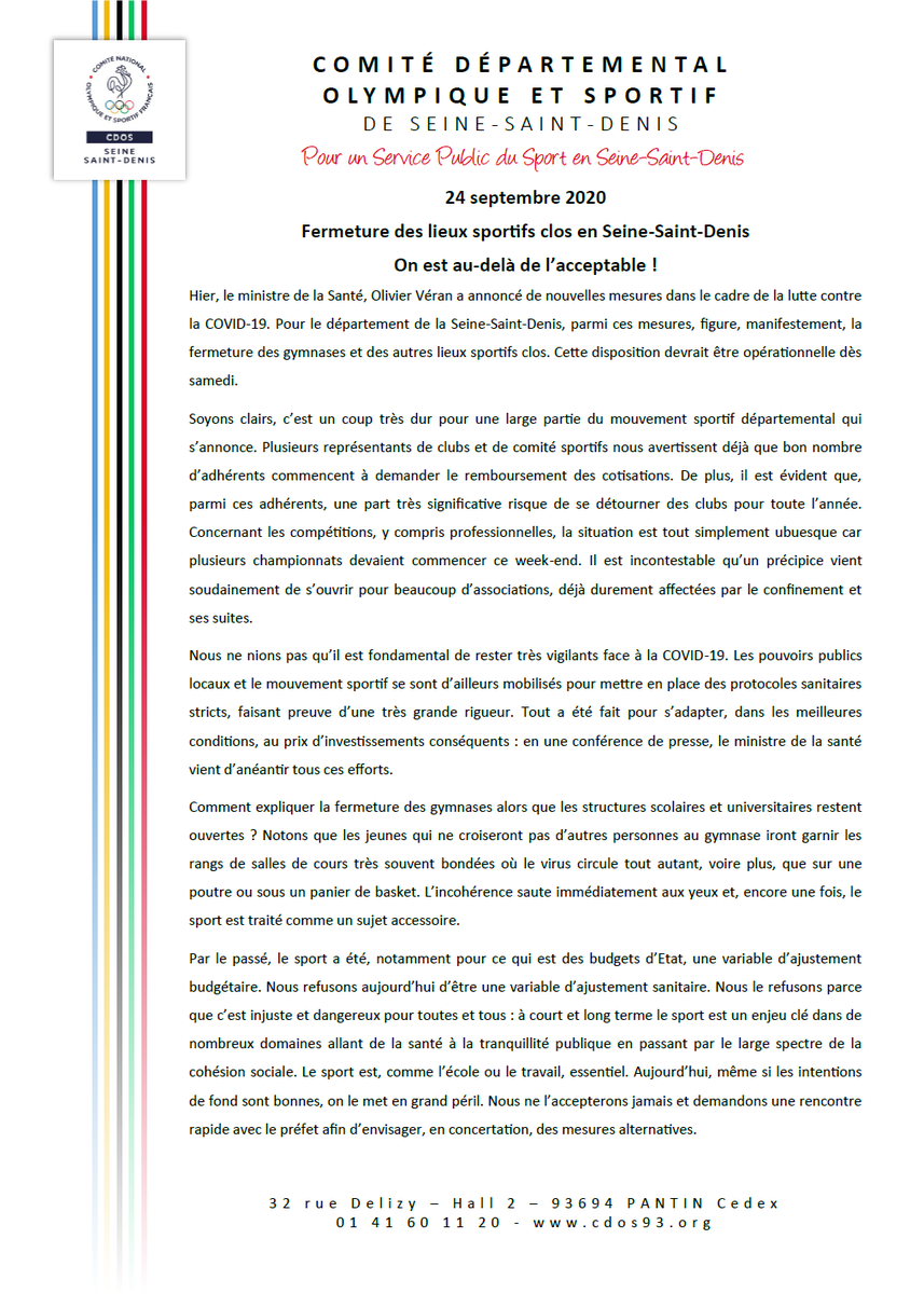 #COVID19 Retrouvez notre communiqué de presse concernant les annonces d'<a href="/olivierveran/">Olivier Véran</a> impliquant la fermeture des #gymnases et d'autres lieux sportifs clos en #SeineSaintDenis. <a href="/Prefet93/">Préfet de la Seine-Saint-Denis</a> <a href="/StephanTroussel/">Stéphane Troussel</a> <a href="/RoxaMaracineanu/">Roxana Maracineanu</a> <a href="/FranceOlympique/">FranceOlympique</a> <a href="/crosif/">CROS Île-de-France</a> <a href="/vpecresse/">Valérie Pécresse</a> <a href="/professionsport/">Fédération Nationale Profession Sport & Loisirs</a>