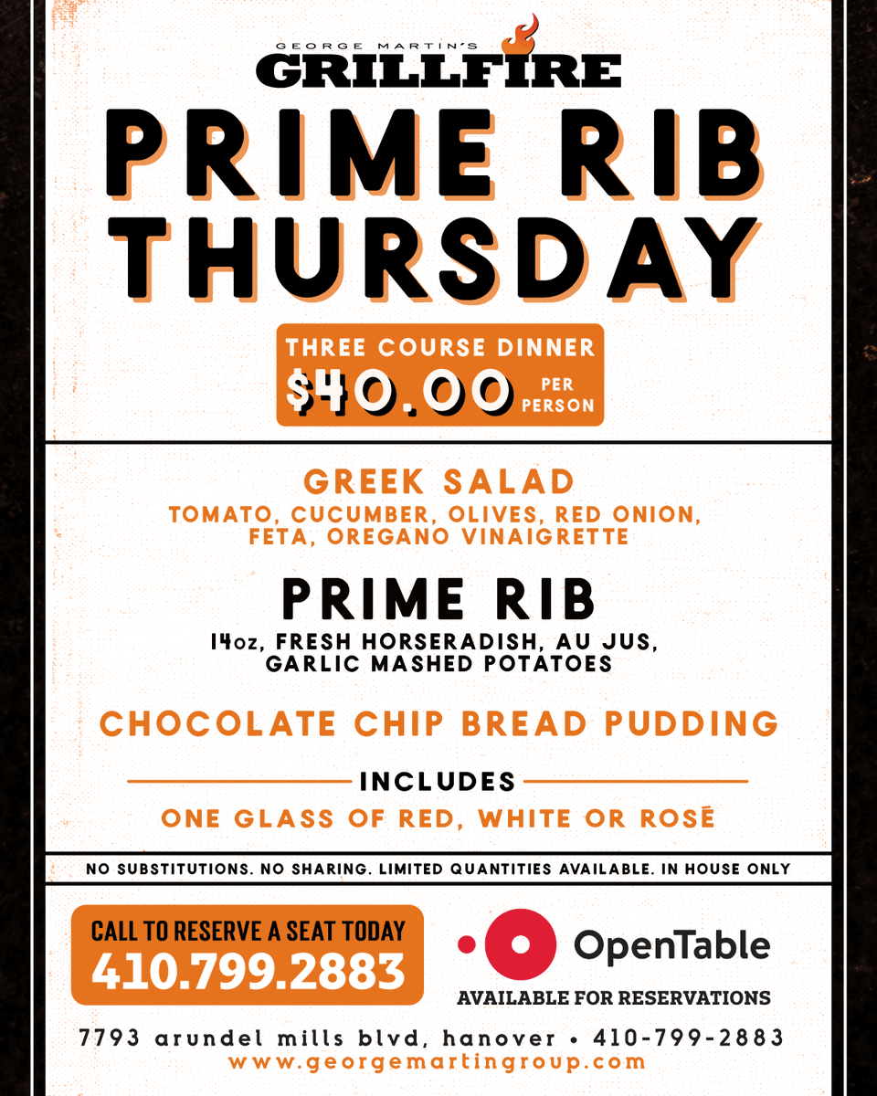 We’re getting the weekend started a little early with our Prime Rib Thursday special at Grillfire! Give us a call or head to OpenTable to make your reservations.