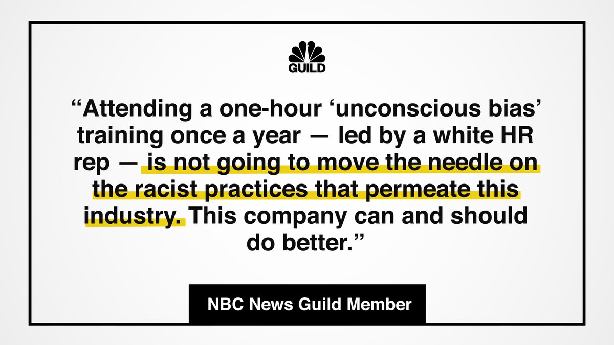 9. Engage a Black anti-racist educator to conduct recurrent bias training for all of NBC News Digital, starting with editors and managers. Many staffers say racism and favoritism are rampant in our workplace. We must be willing to honestly examine the bias in our work.