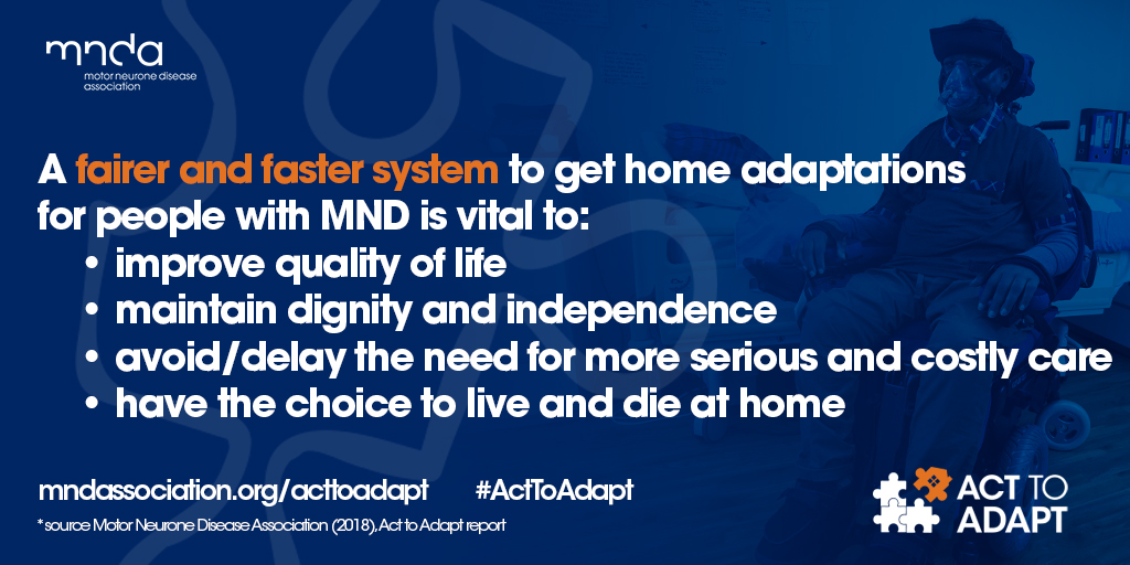 🏘️Our new #ActToAdapt campaign will push for improvements in the support that people with #MND receive to adapt their homes. 

Find out more about #ActToAdapt and how you can get involved here: mndassociation.org/acttoadapt
