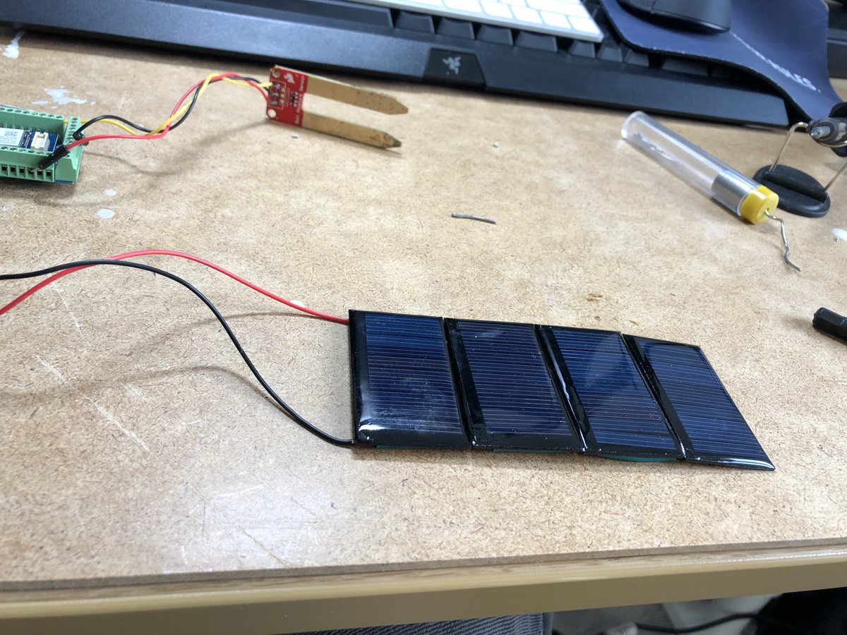 Soldered up some solar panels (5V in parallel) to keep this project running as long as possible. I’m seeing fairly good results from my test bench setup:- ~4.2V DC- 25mA When shining artificial light directly on the panels, I get > 100mA, enough to charge my battery :)