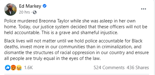 Statement from our President, Chief Jeff Farnsworth, in response to yesterday's comment from Sen. <a href="/EdMarkey/">Ed Markey</a>: 

I find Senator Markey’s comments regarding the Beonna Taylor verdict to be genuinely concerning and frankly inflammatory in nature.  I expect more from our elected