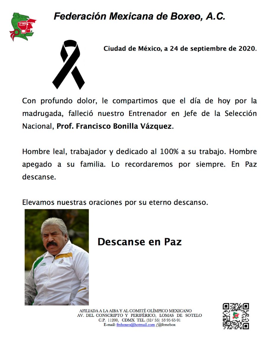 AMBCBoxing's tweet image. Con inmenso dolor, comunicamos el fallecimiento de Francisco Bonilla, jefe de entrenadores de la selección de la Federación Mexicana de #boxeo @COM_Mexico
