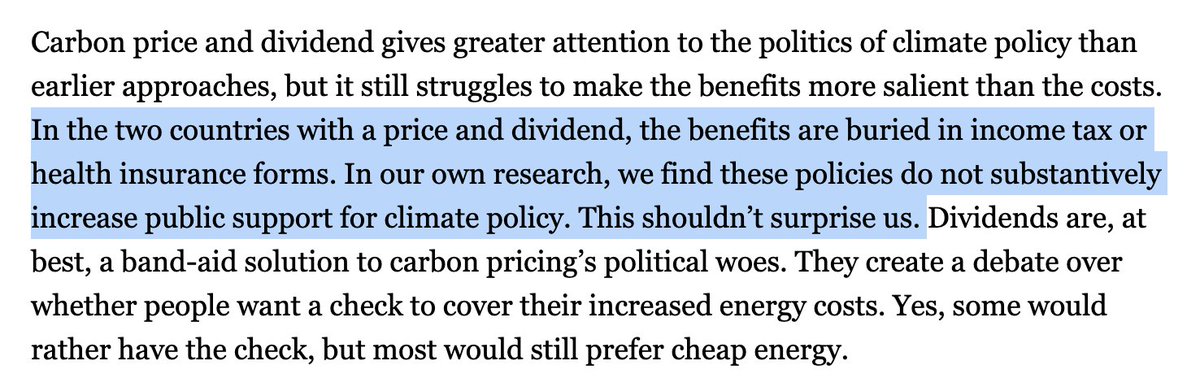 Now what about carbon price and dividend policies? These exist in two countries: Canada & Switzerland.  @mmildenberger has studied both. Neither makes the policy more popular. The dividend is a band-aid solution to carbon pricing's political woes.