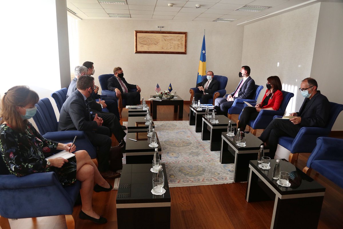 Avdullah's tweet photo. With minister @AbrashiArban, I was delighted to host @DFCgov team Caleb McCarry, Brian Martalus and John Jovanovic and @USAmbKosovo in Kosovo Philip S. Kosnett. It is vital for #Kosovo and region's future to implement the #economicnormalization agreement reached at @WhiteHouse. https://t.co/M0wFsaip7N