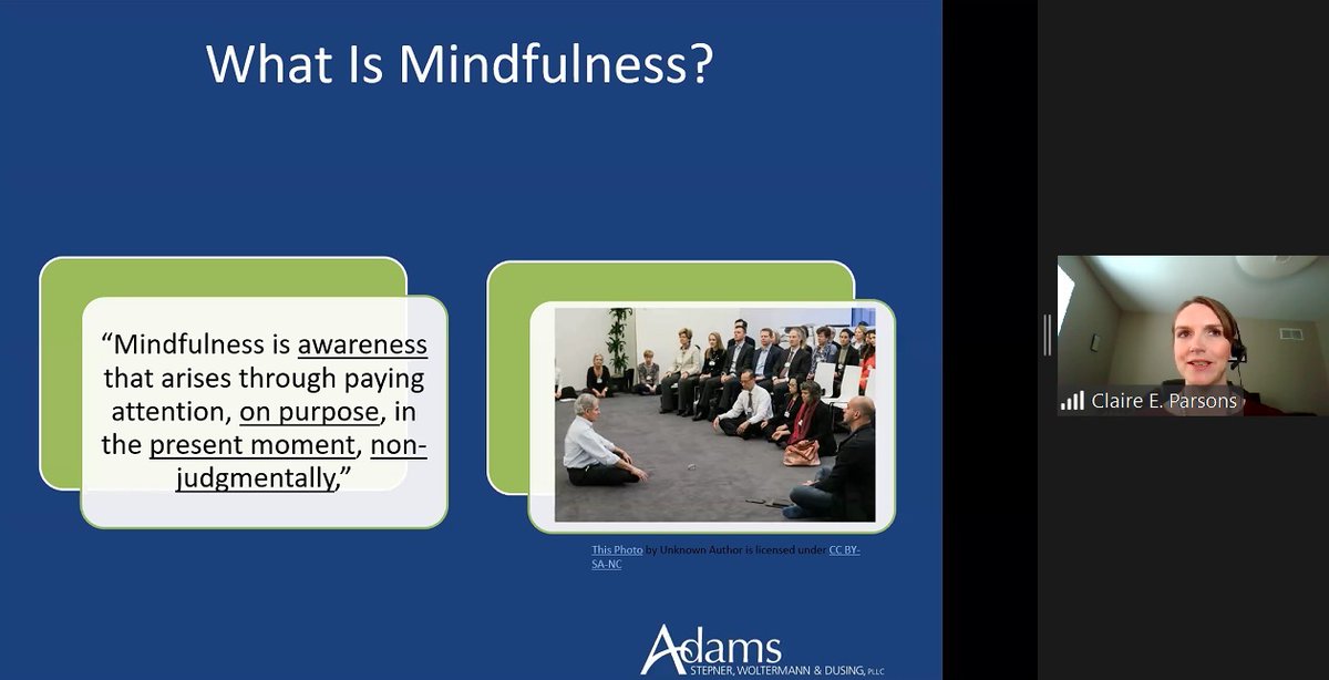 DRICommunity's tweet photo. Part two of #DRIforLife's "Mindfulness for Lawyers" series is taking place now! @ClaireEParsons is speaking on how busy professionals can start and restart a meditation practice. #DRI4Life #law #lawfirms #litigation #lawyers #DRImeansbusiness #DRILawyer https://t.co/tcHwuIuG4G