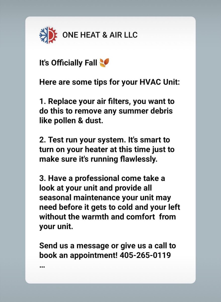 oneheatandair's tweet photo. #ONEHEATANDAIR #HVAC #FALL #COLDERTEMPS #SEASONALCHECK #AIRFILTERS #HEAT https://t.co/DDnVIr5zwL