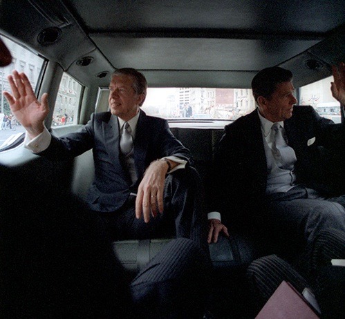 Defeated Jimmy Carter and President-elect Ronald Reagan on way to Reagan inaugural, January 1981:                                 #NARA