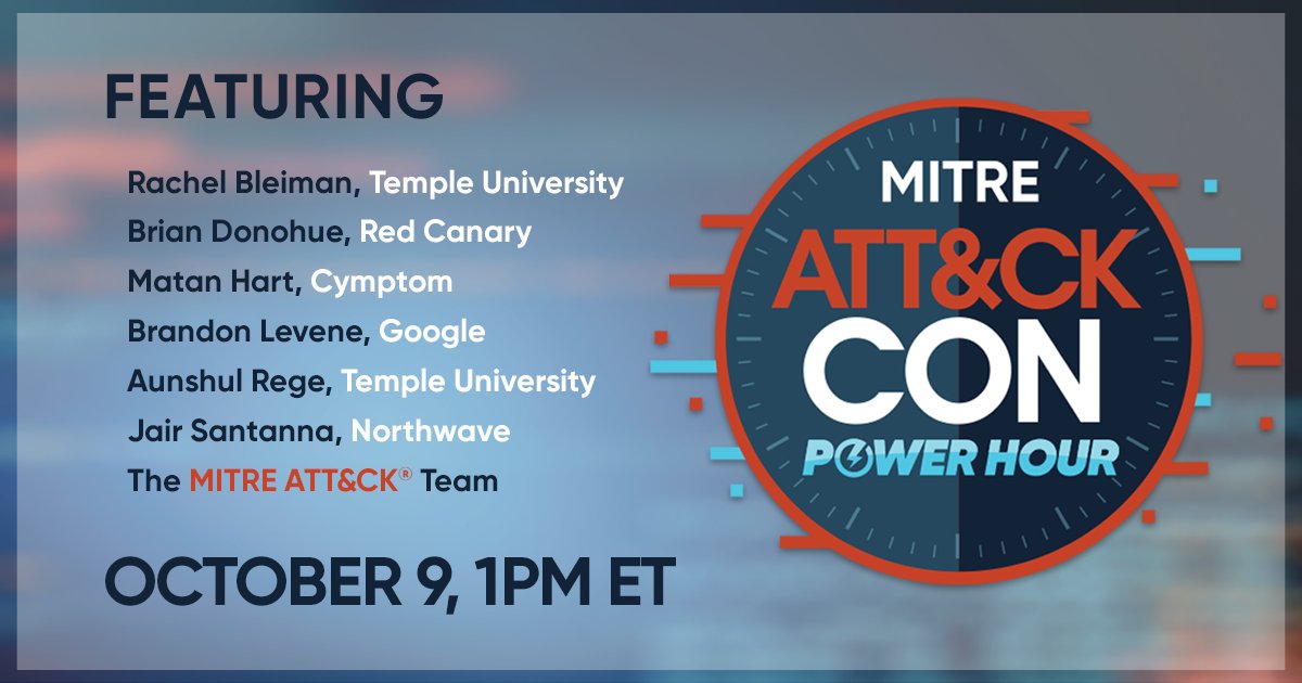 MITREattack's tweet photo. We now have the rest of our November-January lineup posted along side registration for our October session at https://t.co/AhhWguxNMq. ATT&amp;CKcon Power Hour kicks off in just a little over two weeks from now on October 9th at 1PM ET. Hope you're able to join us! https://t.co/VNABUfwIyk
