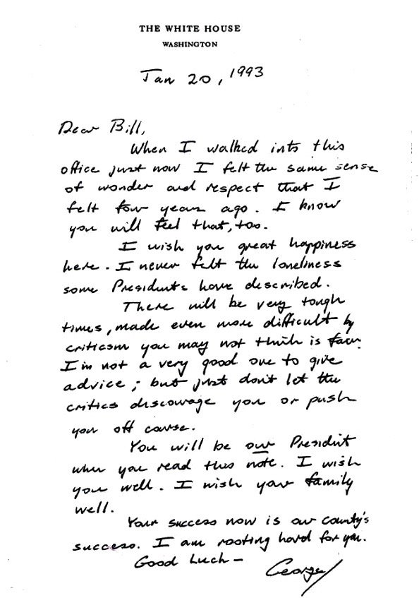 The defeated George H.W. Bush’s letter to Bill Clinton on the day of their peaceful transfer of power, 1993: