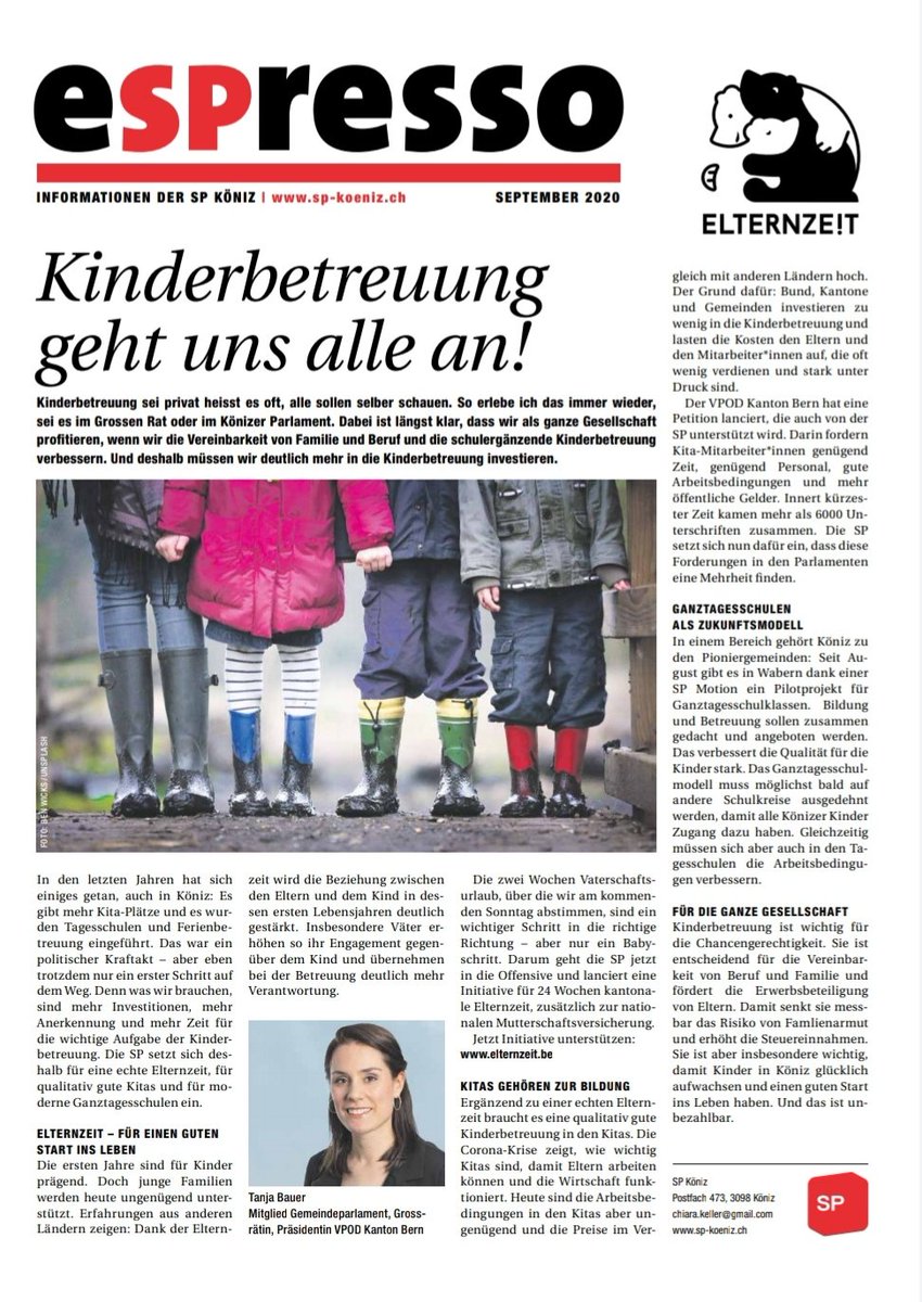 Für eine gerechte Gesellschaft müssen wir deutlich mehr in #Kinderbetreuung und Vereinbarkeit von Familie und Beruf investieren. 

Es braucht:
🐻 #Elternzeit
💜 Gute #Arbeitsbedingungen in #Kitas und #Tagesschule
👫 Ganztagesschulmodelle 

<a href="/vpodbern/">vpodbern</a> <a href="/spkantonbern/">SPBE</a> <a href="/spfrauenbern/">SP Frauen BE</a>