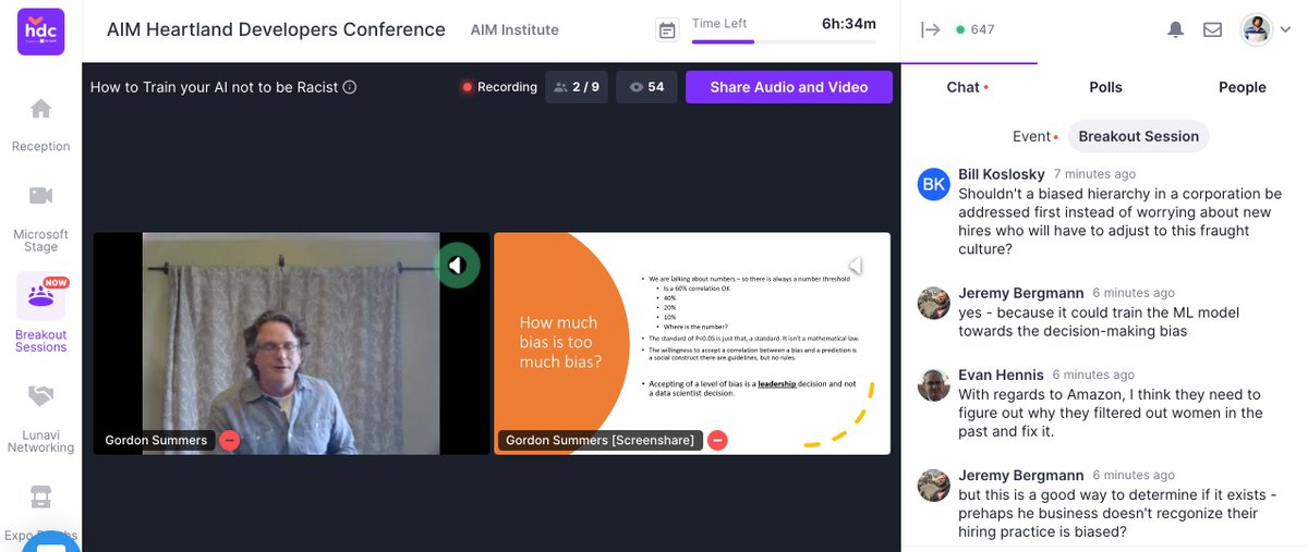 Some thought-provoking discussion about intractable, large-scale social problems and their relationship to machine learning in Gordon Summers's HDC breakout session, "How to train your AI not to be racist" this morning.