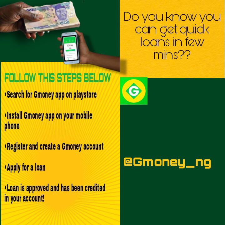 Gmoney is the number 1 online loan app.It provides you with the loan you need to start that business, pay that school fee or hospital bill, with NO COLLATERAL & low interest rates.It’s available for AndroidLink:  https://play.google.com/store/apps/details?id=com.siloyun.gmoney&referrer=utm_source%3D1089%26utm_medium%3DorganicReliability is  #Gmoney_ng