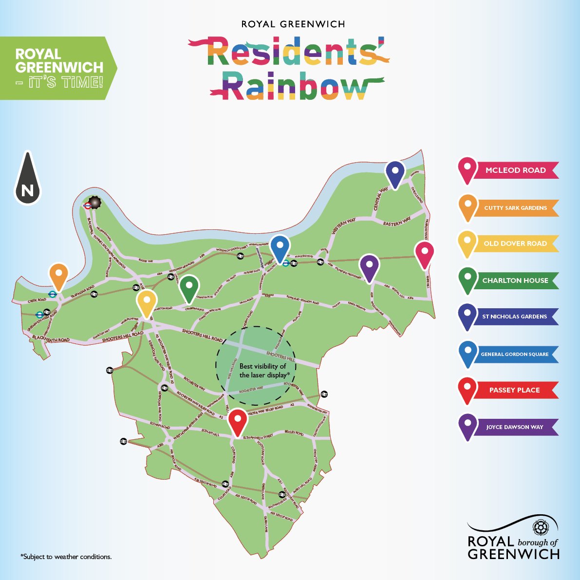 Royal_Greenwich's tweet photo. Witness impressive art pieces from local artists in your local area this TODAY at 7pm in your local area. Witness the sky being lit with eight lasers pointing to each of the wishing trees as part of our Residents Rainbow. Visit https://t.co/wiCFacwANJ #ItsTimeRG #ResidentsRainbow https://t.co/6JD9xEf50r