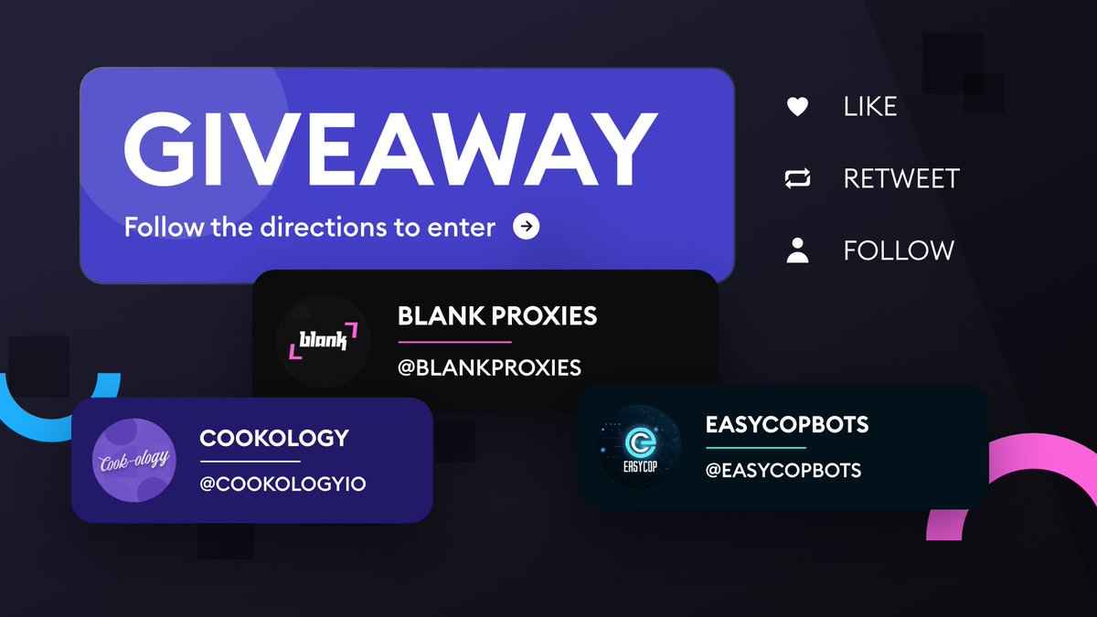 BlankProxies's tweet image. Giveaway Time! 🎁

1x @BlankProxies 1GB Resi
1x @EasyCopBots Copy
1x @CookologyIO Monthly

Rules To Enter:👇
- Follow all accounts
- RT
- Tag 1 Friend

Good Luck! Winner drawn in 48 hours! 💜