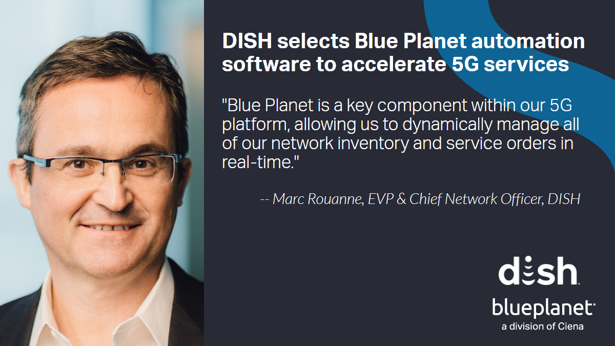 Ciena's tweet photo. Big customer news today, as DISH has selected automation software from @CienaBluePlanet to accelerate its #5G services --> https://t.co/mm1lD2JjoE

#5G #automation @DISHNews https://t.co/GDefLhqfEb
