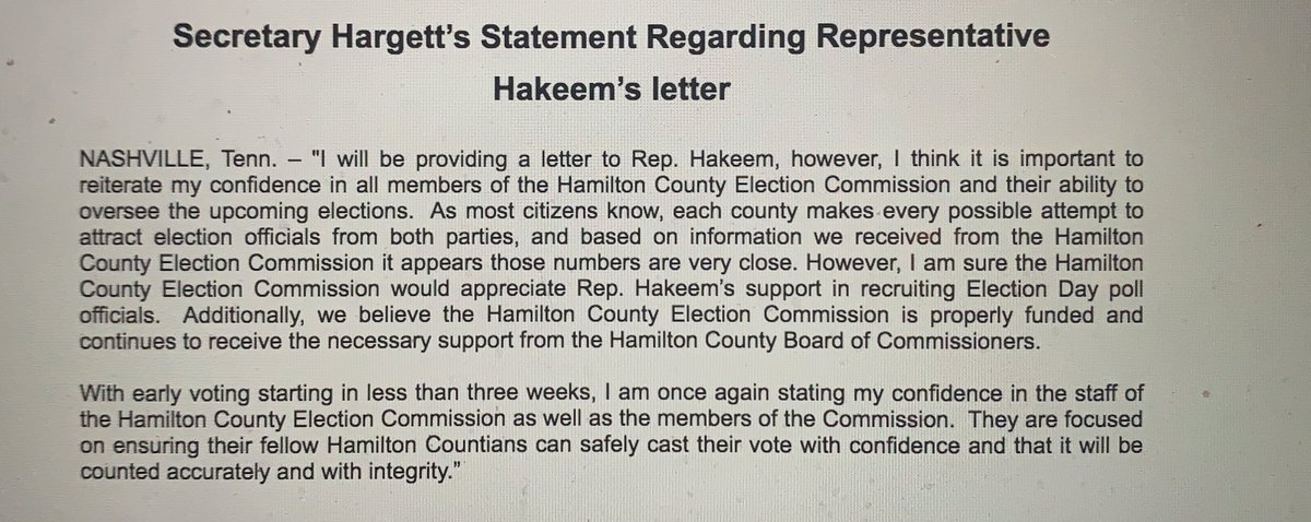  @sectrehargett responded maintaining his confidence in all members of the Hamilton Co. Election Commission.  @WRCB will hear more from Hakeem during a press conference this afternoon. Look at SOS Hargett’s public response: