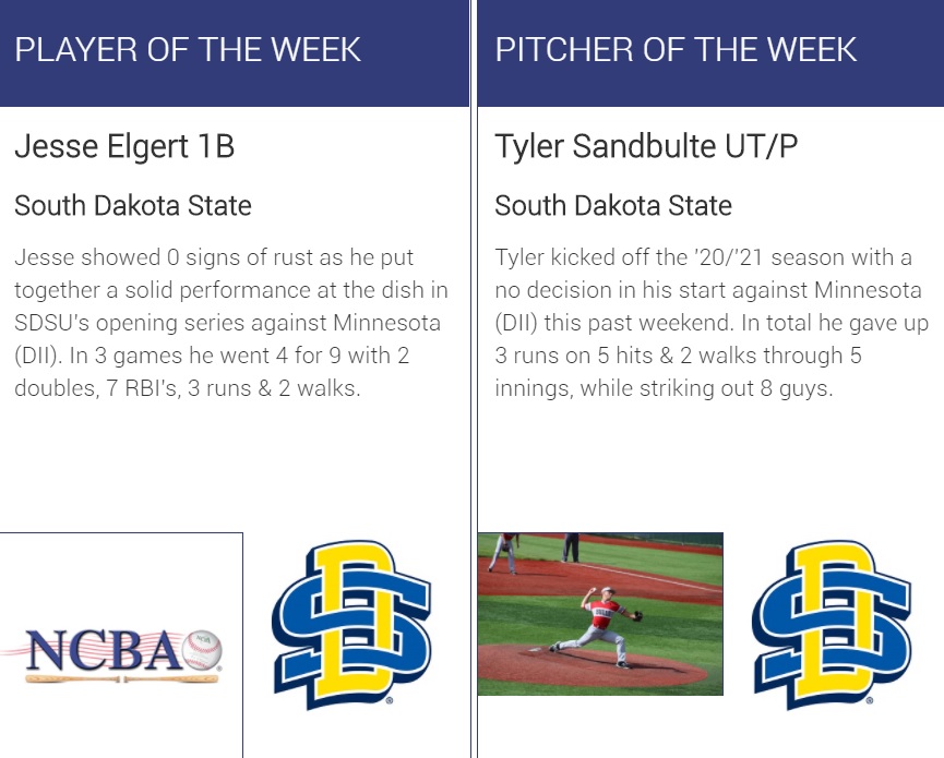 The_NCBA's tweet photo. Congrats to Jesse Elgert &amp; Tyler Sandbulte, both with @jacksclubball, on earning Week 2 NCBA DI National Player &amp; Pitcher of the Week honors ‼️

https://t.co/9pHhhC5EUg https://t.co/3065zlPhou